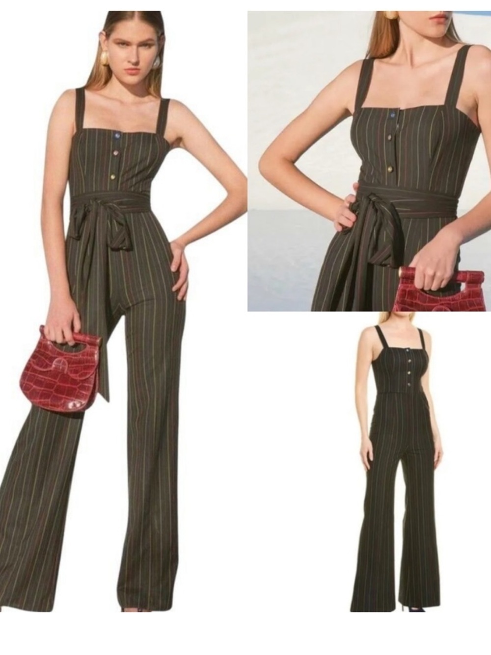 STAUD Tao Black Rainbow Pinstripe Belted Flare Leg Jumpsuit Women’s Size 0